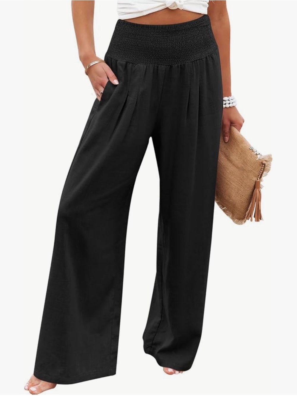 Febriajuice Womens High Waist Wide Leg Pants Smocked Elastic Waist Palazzo Mediu